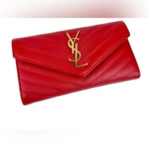 Saint Laurent YSL Monogram Cassandre Wallet– Red Grain de Poudre Leather